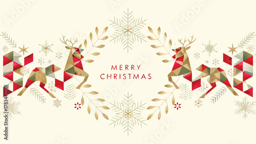 Elegant geometric reindeer and snowflakes with merry christmas text in a festive holiday design