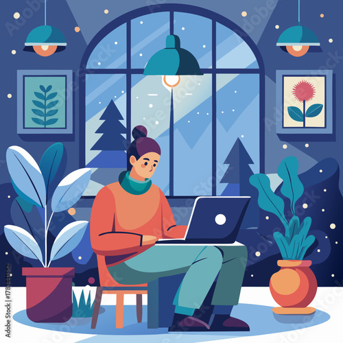 Winter Office and Remote Work Scene