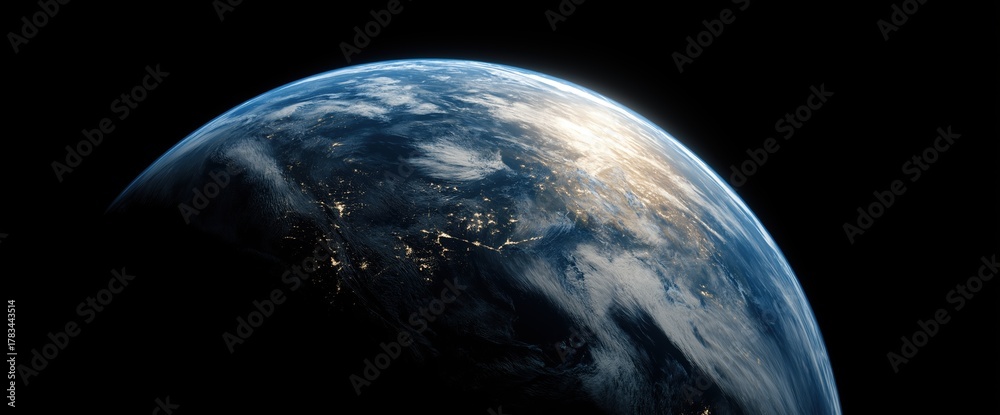 abstract planet earth close-up view from space with blue and white colors on a black background. 