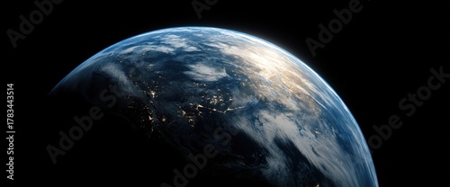 abstract planet earth close-up view from space with blue and white colors on a black background. 