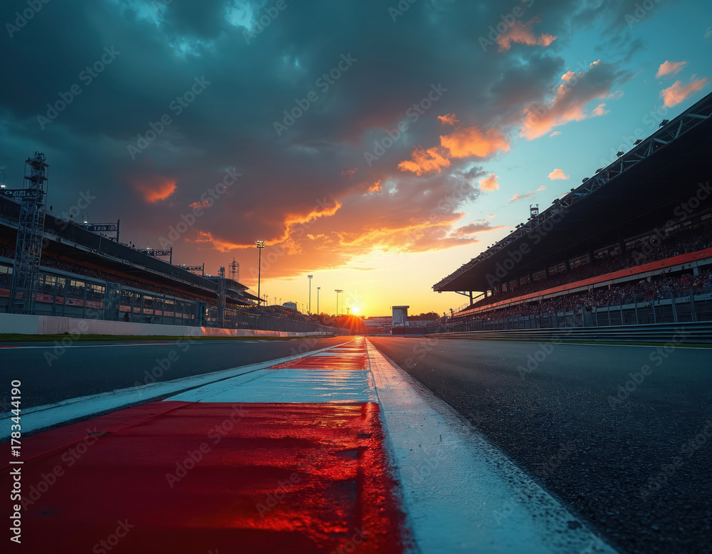Obraz premium Dramatic sunset over Formula 1 race track. Asphalt circuit features bold red, white lines. Grandstands filled with spectators line circuit. Sky shows vibrant orange, blue colors at twilight. Modern