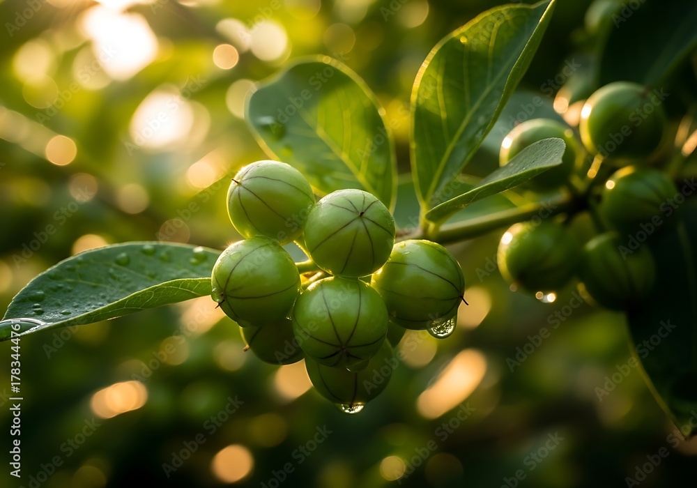 Obraz premium Fresh green gooseberry fruit on a branch with morning sunlight bokeh