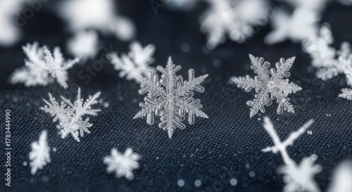 Extreme Macro Close-up of Individual Snowflake Crystal Structure with Geometric Symmetry and Ice Formation