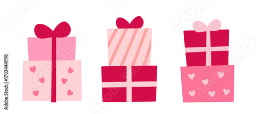Valentine's Day gift box flat vector illustration set.
Red and pink gift wrapping design.
For celebrating Valentine's Day, wedding,  mother's day,or birthday.
White background.