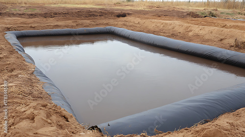 Fototapeta Naklejka Na Ścianę i Meble -  A rectangular pool is filled with water, framed by a black liner. The pool is constructed on bare earth, and it appears to be newly made. A simple and functional design.