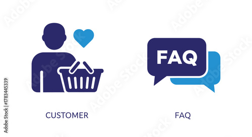Vector illustration of customer with shopping basket and faq icon user experience, client support, online shopping, and frequently asked questions concept vector illustration in blue color