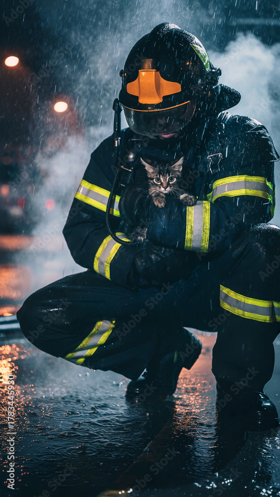 Fototapeta premium Firefighter sheltering a rescued cat in rain, reflective gear and steam