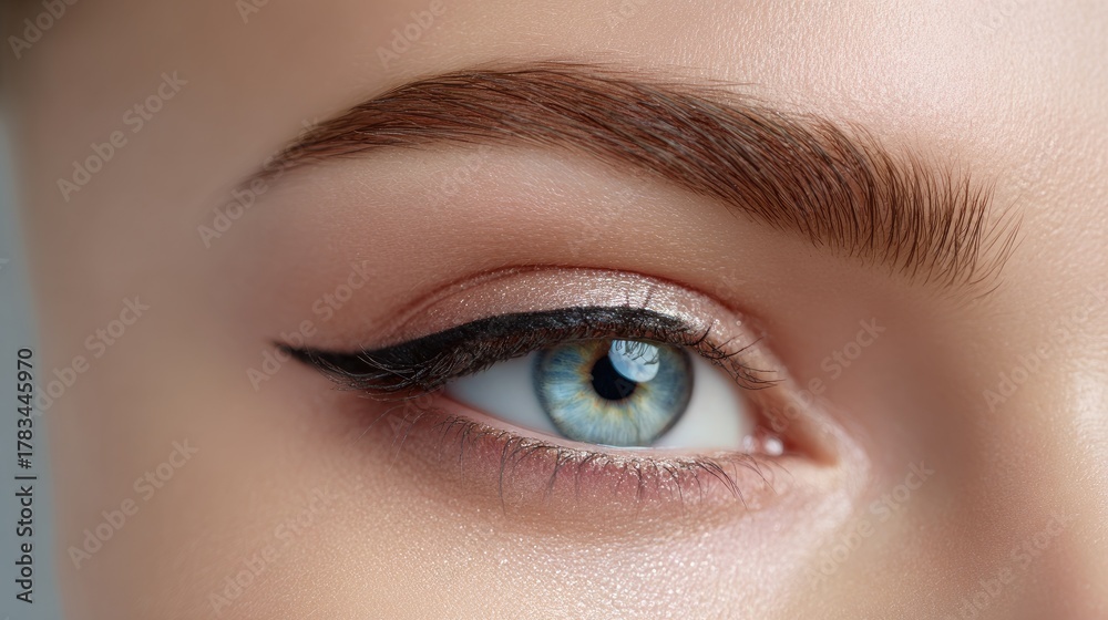 Obraz premium Close-up of a Beautiful Woman's Eye with Eyeliner and Perfectly Shaped Eyebrow Featuring a Stunning Blue Iris and Natural Makeup Look for Photography
