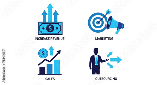 Vector illustration of business and marketing icons, illustrating revenue increase, targeted marketing, sales growth, and outsourcing solutions for business development and success