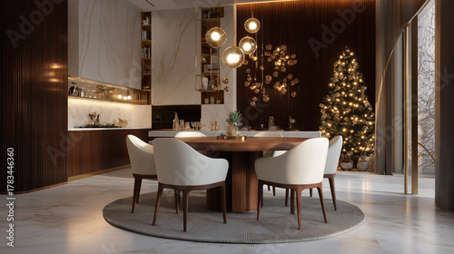 Elegant Dining Interior: A meticulously crafted interior showcases a modern dining setting, with a round wooden table surrounded by comfortable chairs.