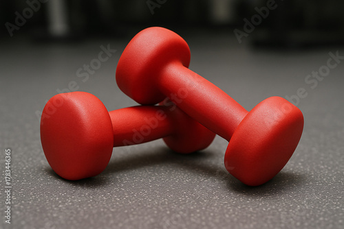 Red dumbbells on gym floor, fitness equipment for strength training