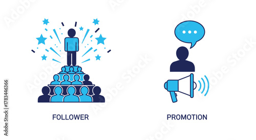 Vector illustration of leadership and promotion concept leader standing on the top of the crowd megaphone and speech bubble for promotion and communication vector illustration in flat style