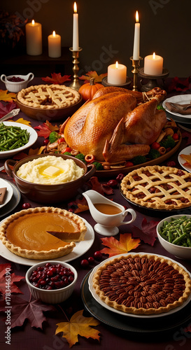 Elegant Thanksgiving Feast with Roasted Turkey Pies Candles and Fall Leaves