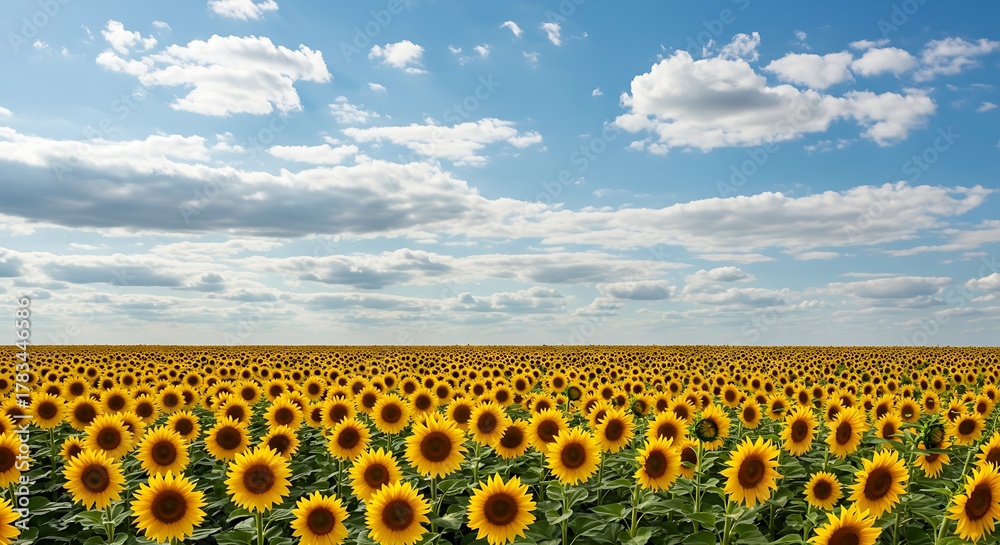 Fototapeta premium Vast Sunflower Field Under a Bright Blue Sky with Fluffy Clouds.