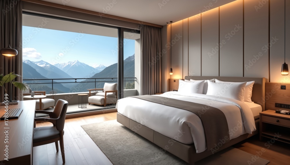 Obraz premium Luxury hotel room with expansive mountain view from balcony. Modern furnishings include a comfortable bed, desk, and seating area. Sunlight streams into the elegant suite.