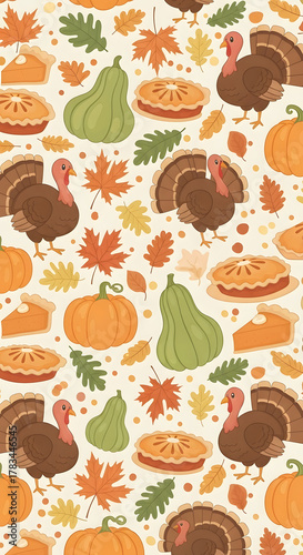 Festive Autumn Pattern with Pumpkins Pies Leaves and Turkeys in Warm Colors