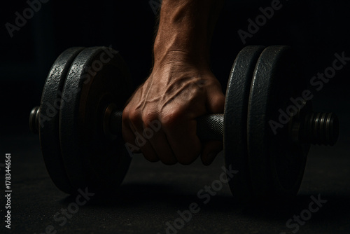 Powerlifter gripping heavy dumbbell ready for intense strength training