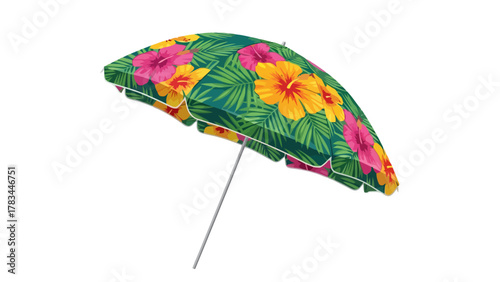 A beach umbrella with a floral and palm leaf pattern