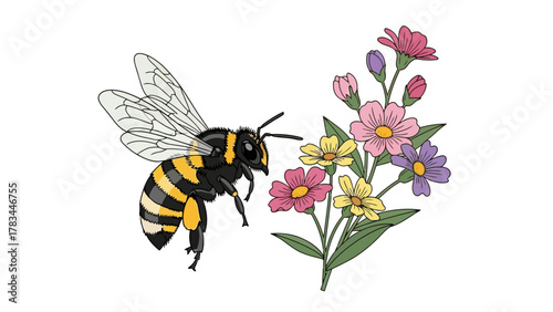 A bee flies toward a cluster of multicolored flowers