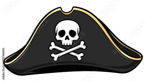A black tricorn hat with a skull and crossbones emblem