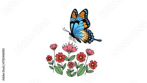 A blue and orange butterfly hovers above a cluster of red and pink flowers