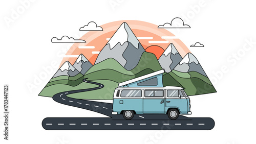 A blue camper van drives on a road with mountains and a sunset backdrop