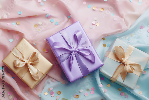 Elegant gift boxes with satin ribbons and confetti, perfect for celebrations, birthdays, weddings, or any special occasion, creating a luxurious festive atmosphere