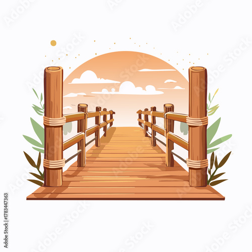 Wooden pier illustration with sunset view over the ocean against a white background