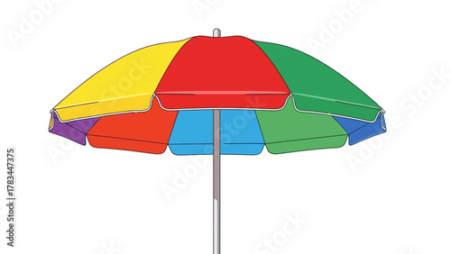 A brightly colored beach umbrella with a silver pole