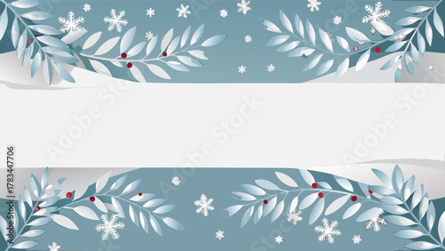 Winter holiday background with frosted branches red berries and delicate snowflakes on a cool blue backdrop