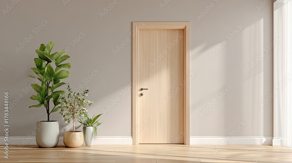 Fototapeta premium Minimalist Interior Design Featuring Wooden Door and Potted Plants in Bright Room with Natural Light Highlighting Simple Elegance and Serenity
