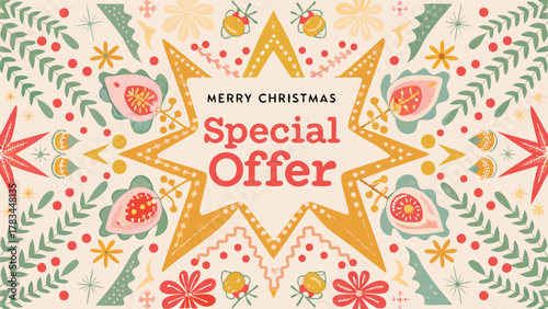 Merry christmas special offer with festive folk art inspired holiday decorations and starburst background