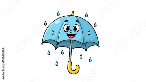 A cartoon blue umbrella with a happy face in the rain