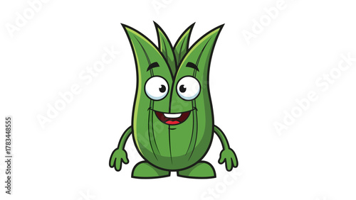 A cartoon green plant character with arms legs and a smiling face
