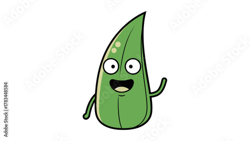 A cartoon leaf character waving with a happy expression