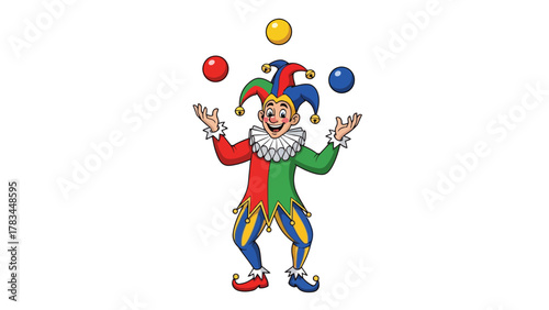 A cartoon jester juggles four colorful balls