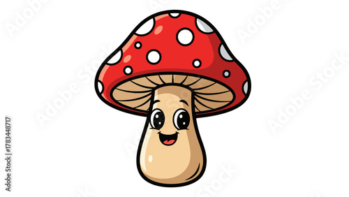 A cartoon mushroom with a red cap and white spots and a smiling face