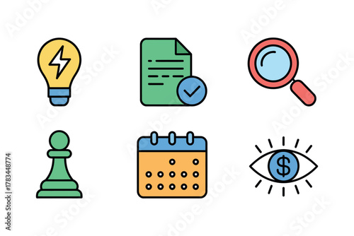 A collection of six colorful vector icons including a lightbulb document magnifying glass and calendar illustration, artwork, vector