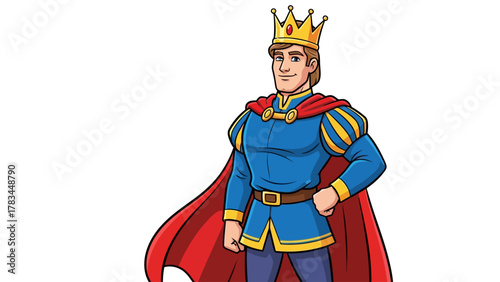A cartoon prince in a blue tunic red cape and gold crown