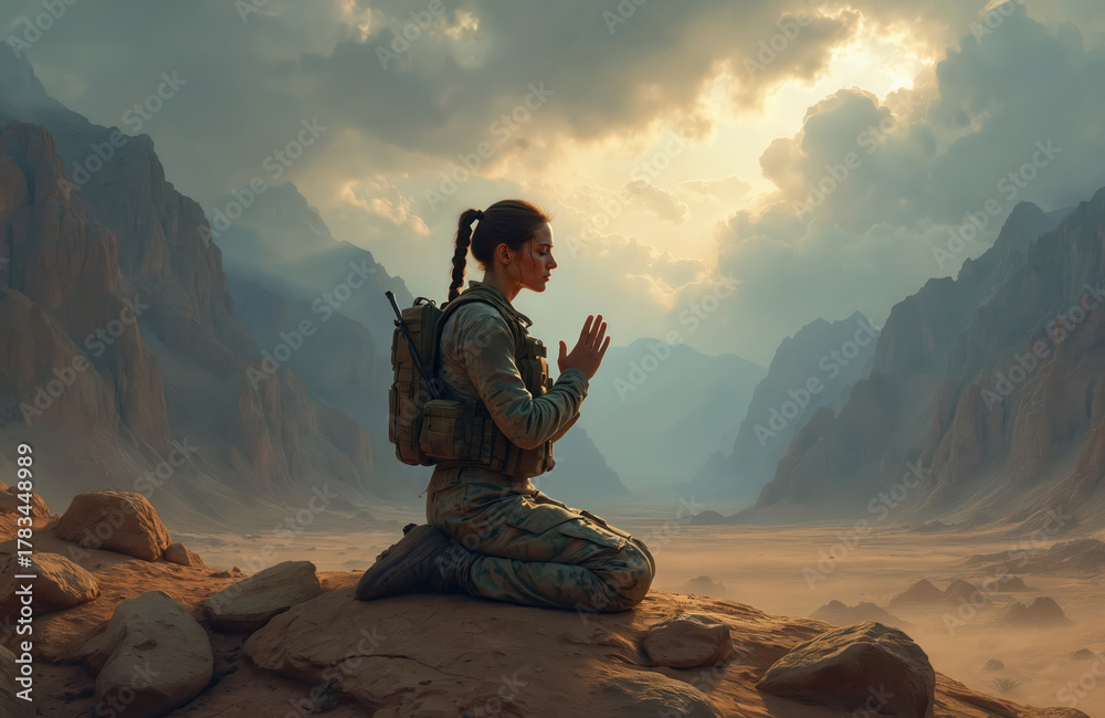 Fototapeta premium Female soldier in uniform prays with folded hands on rocky desert terrain. Mountains and clouds form a dramatic, hazy background. Light rays break through the sky.