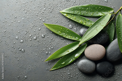 Zen stones and bamboo leaves with water droplets evoke serenity, relaxation, and spa treatments for wellness and tranquility