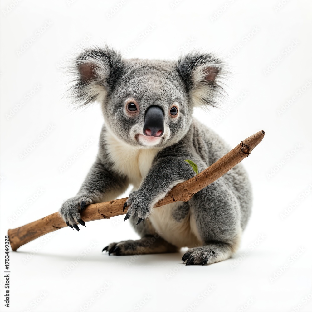 Obraz premium Cute baby koala sits on a brown branch holding it with its paws. This Australian marsupial has grey furry coat and large ears. Koala looks at camera with curiosity.