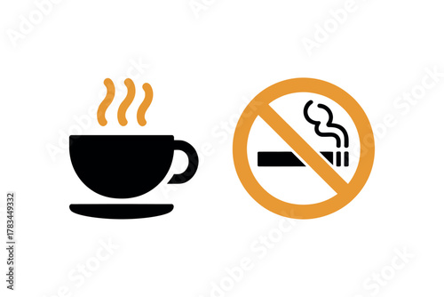 A simple graphic showing a steaming cup of coffee next to a no smoking symbol on a white background illustration, artwork, vector