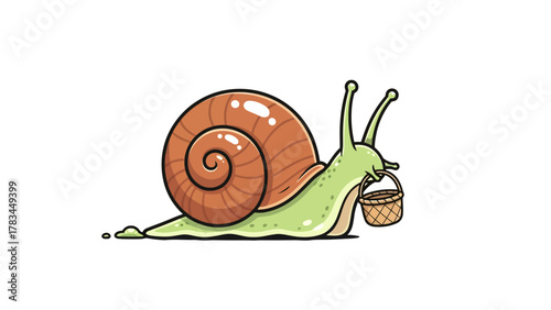 A cartoon snail with a brown shell carries a small basket