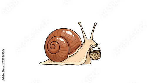 A cartoon snail with a shell and basket