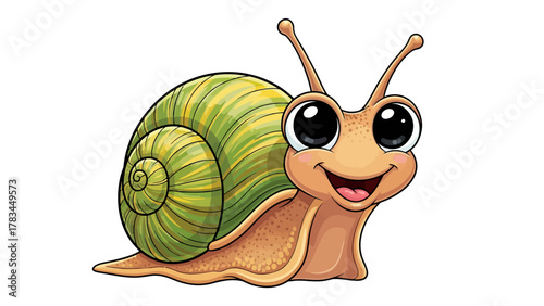 A cartoon snail with big eyes and a green shell