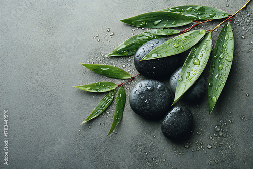 Zen stones and bamboo leaves with water droplets evoke relaxation and spa vibes, perfect for wellness and meditation concepts