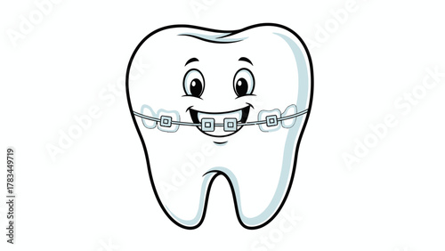 A cartoon tooth with a smiling face and braces