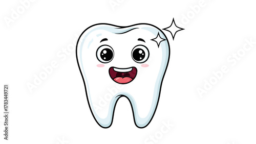 A cartoon tooth with a happy face and sparkle