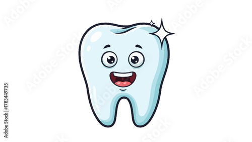 A cartoon tooth with a smiling face and a sparkle